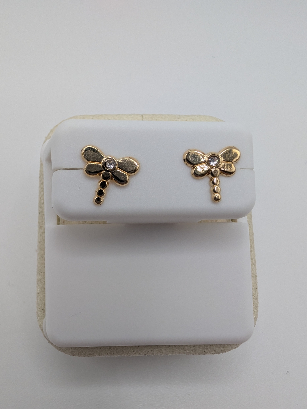 10K Yellow Gold Clear CZ Dragonfly Screwback Stud Earrings
